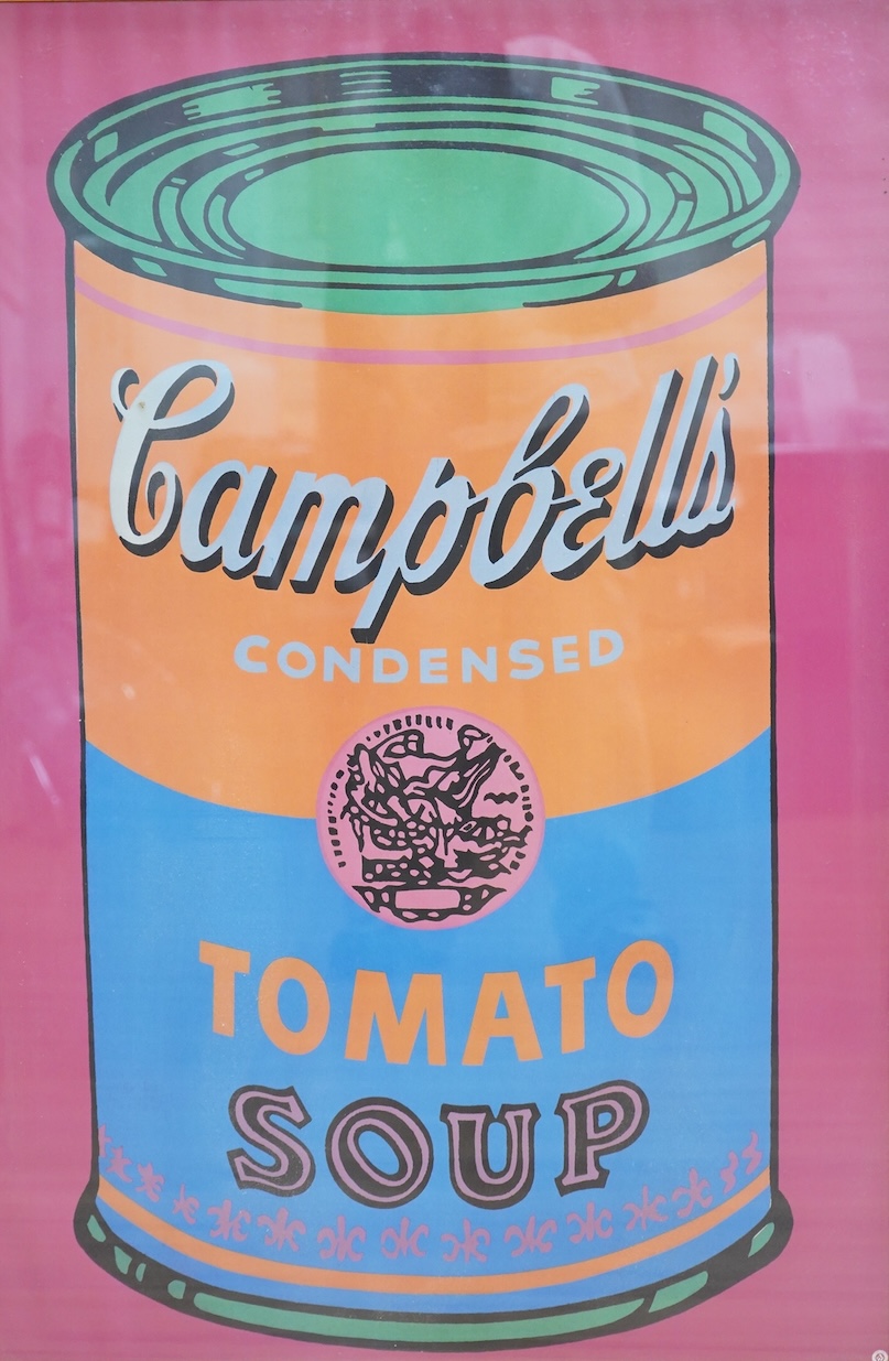 After Andy Warhol (American, 1928-1987), ‘Campbell's Soup Can’, Pop-art silkscreen print, details partially obscured by the frame, inscribed in pencil ‘Andy Warhol’ verso, 90 x 60cm